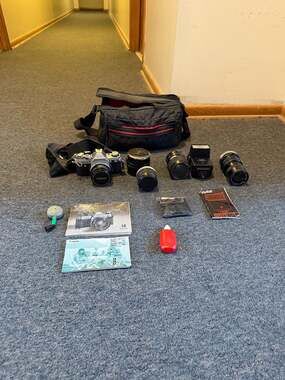 Vintage Canon AE-1 35mm Film Camera Kit with Multiple Lenses, Flash, and Bag